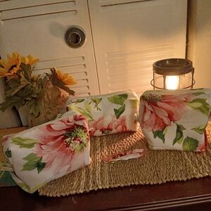 Bag Makeup Bundle 3pcs Plus Keyschain Floral Cosmetic  Pink & Green Peony Print